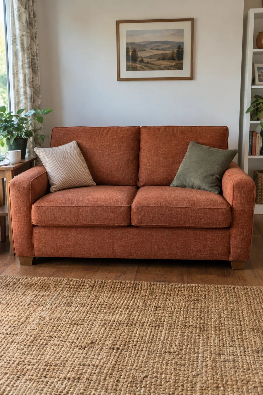 Rust-coloured fabric two-seat sofa