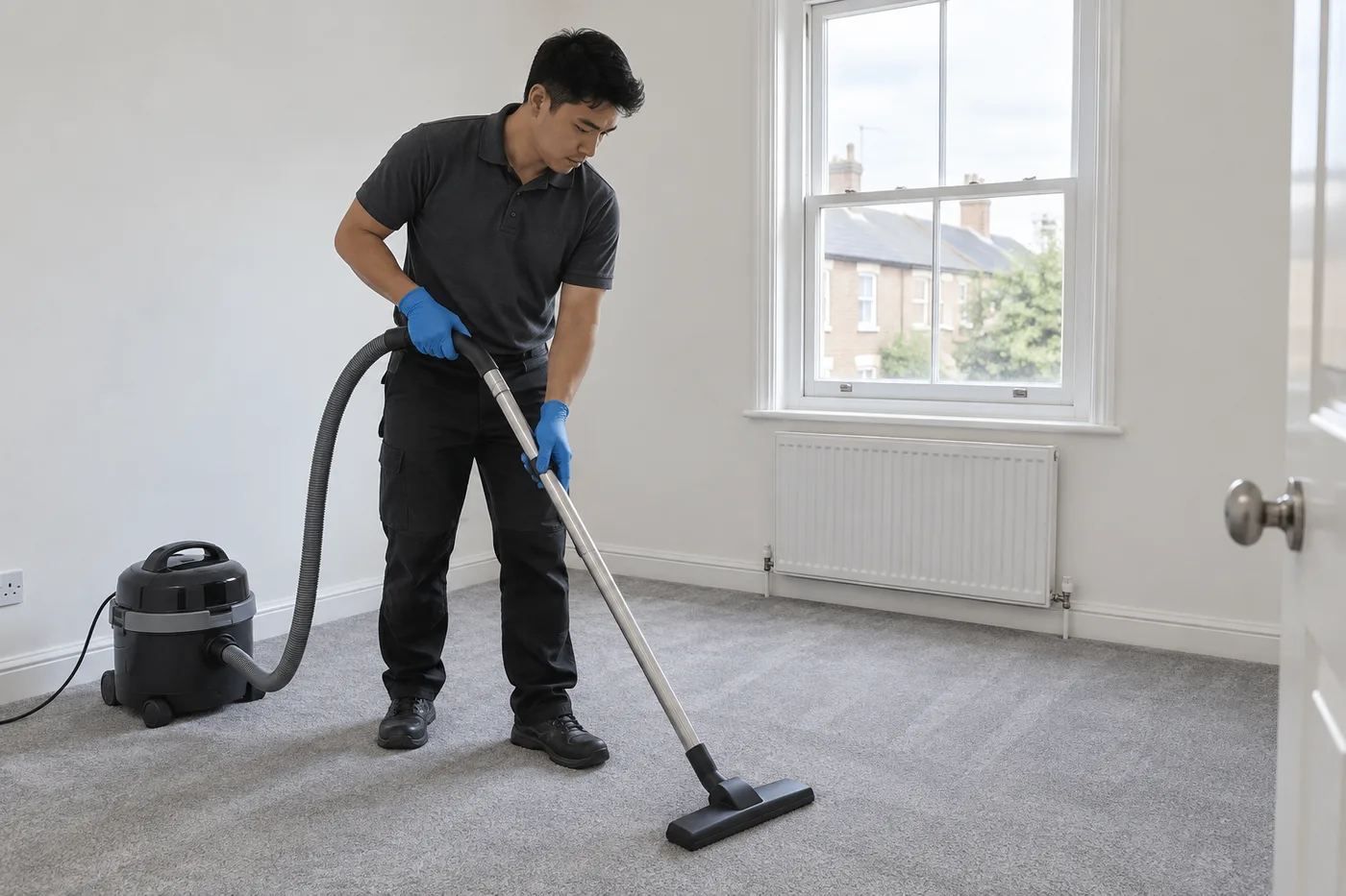 Cleaner vacuuming the floor of an empty bedroom