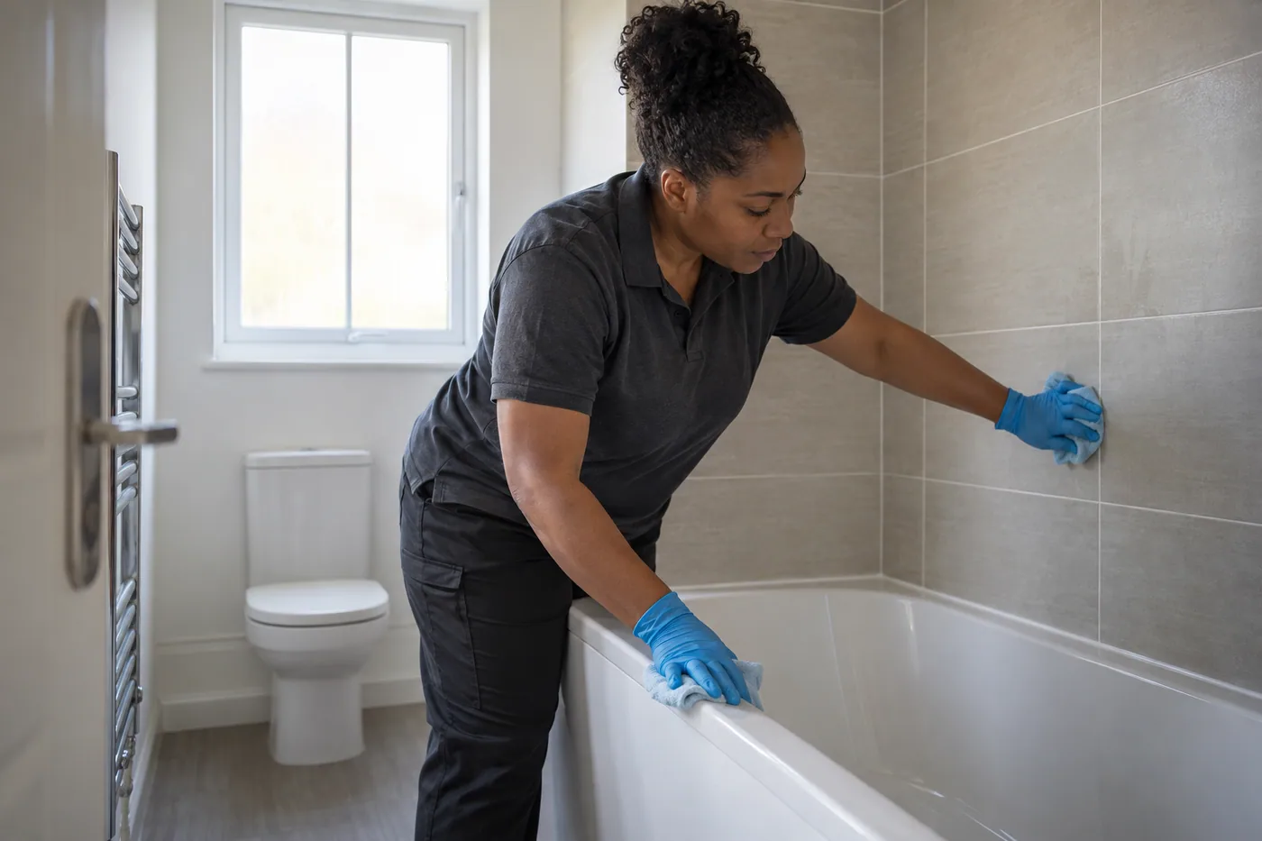 Cleaning the bath and tiles before handover
