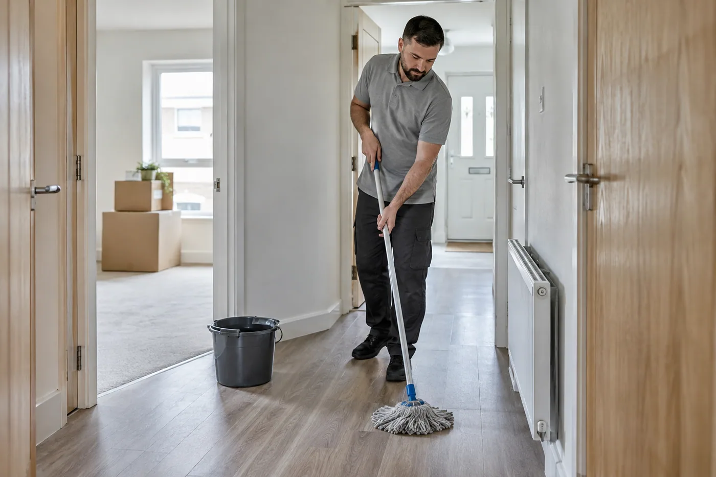 Mopping a clear hallway floor after removals