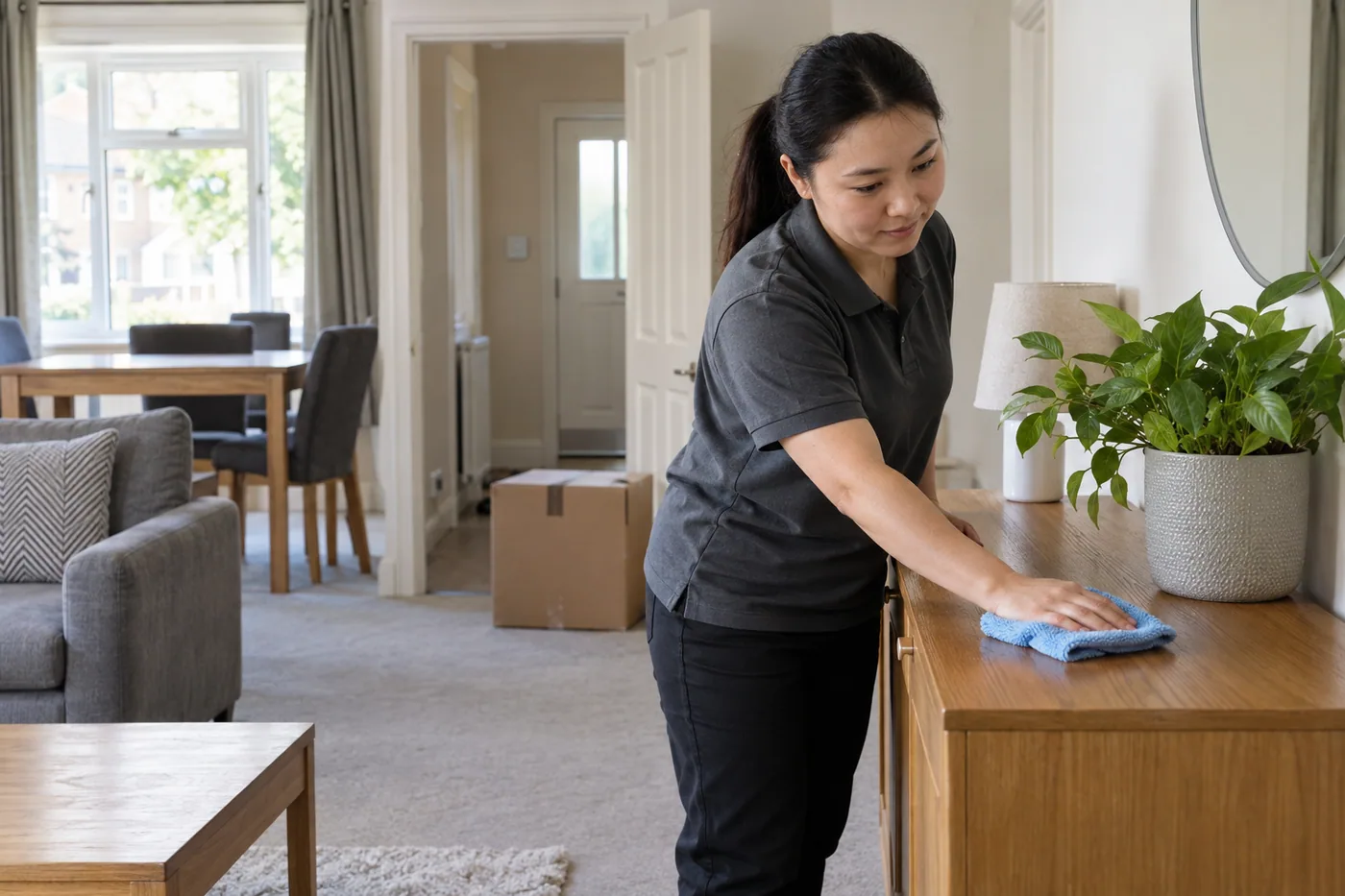 Cleaning surfaces around furniture remaining in a rental flat
