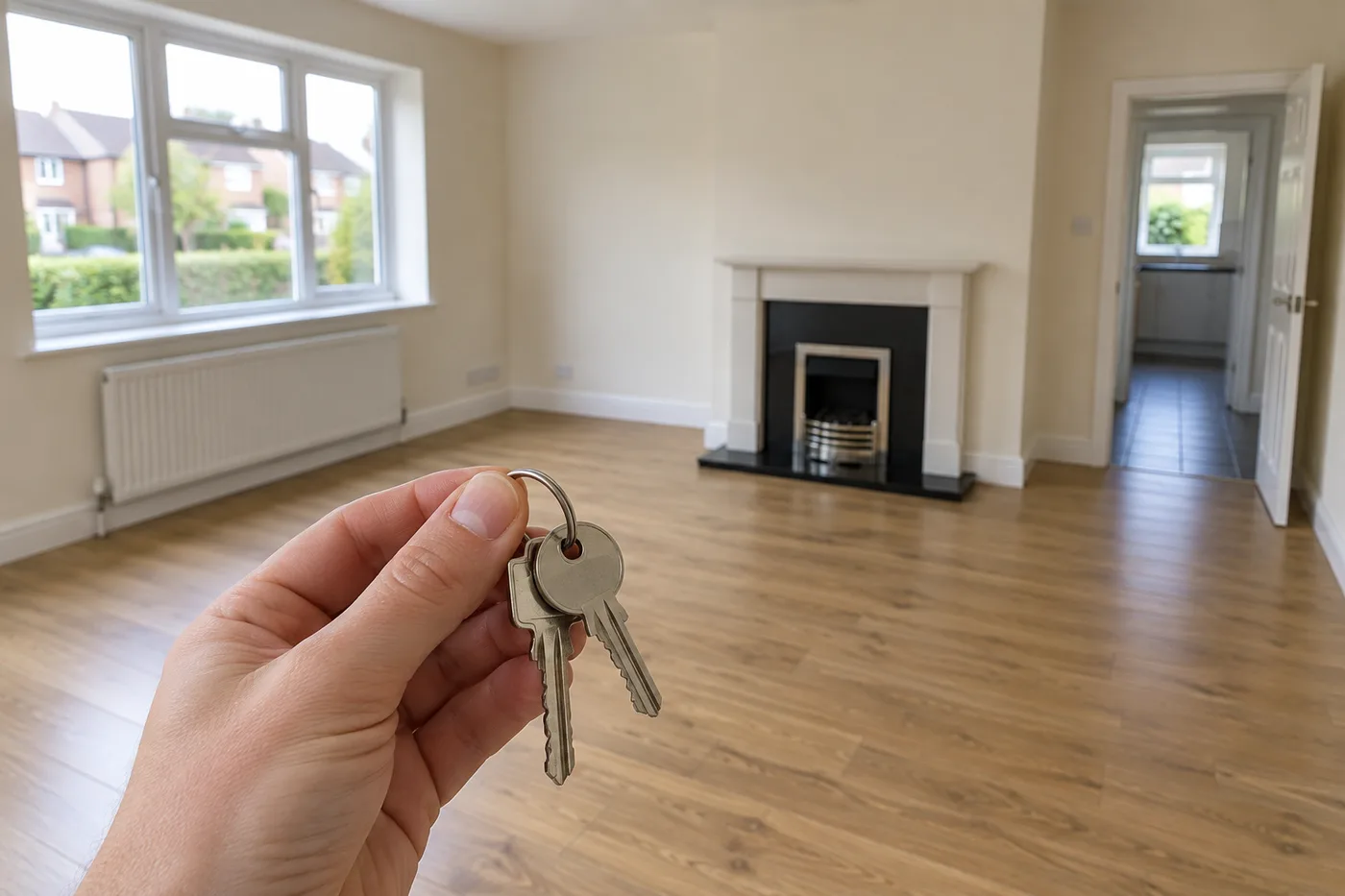 A hand holding house keys in a clean empty living room