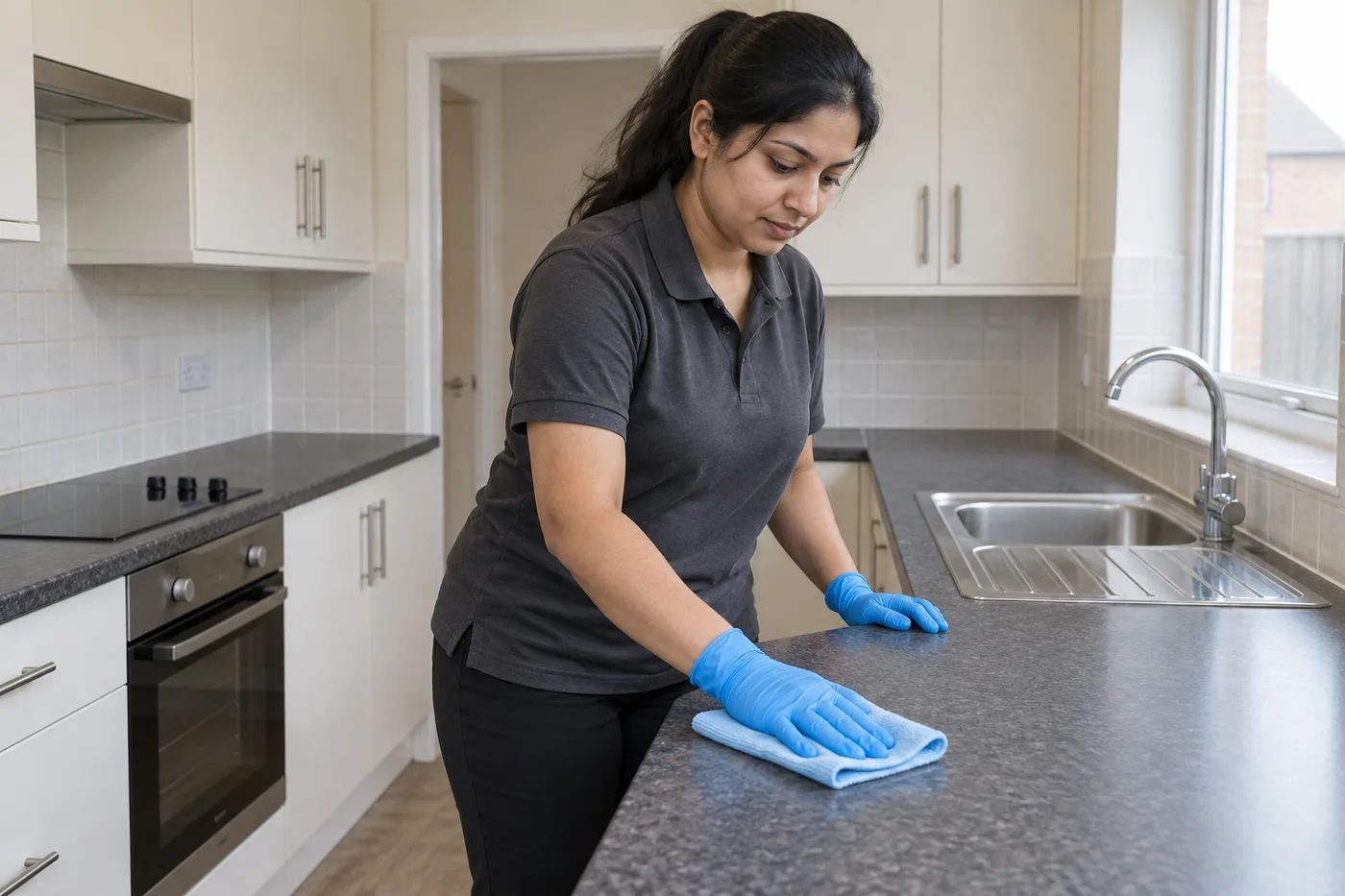 Cleaner wiping the worktop of an empty kitchen
