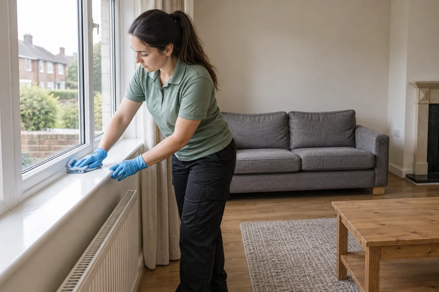 Cleaner wiping an accessible ledge in a partly furnished living room