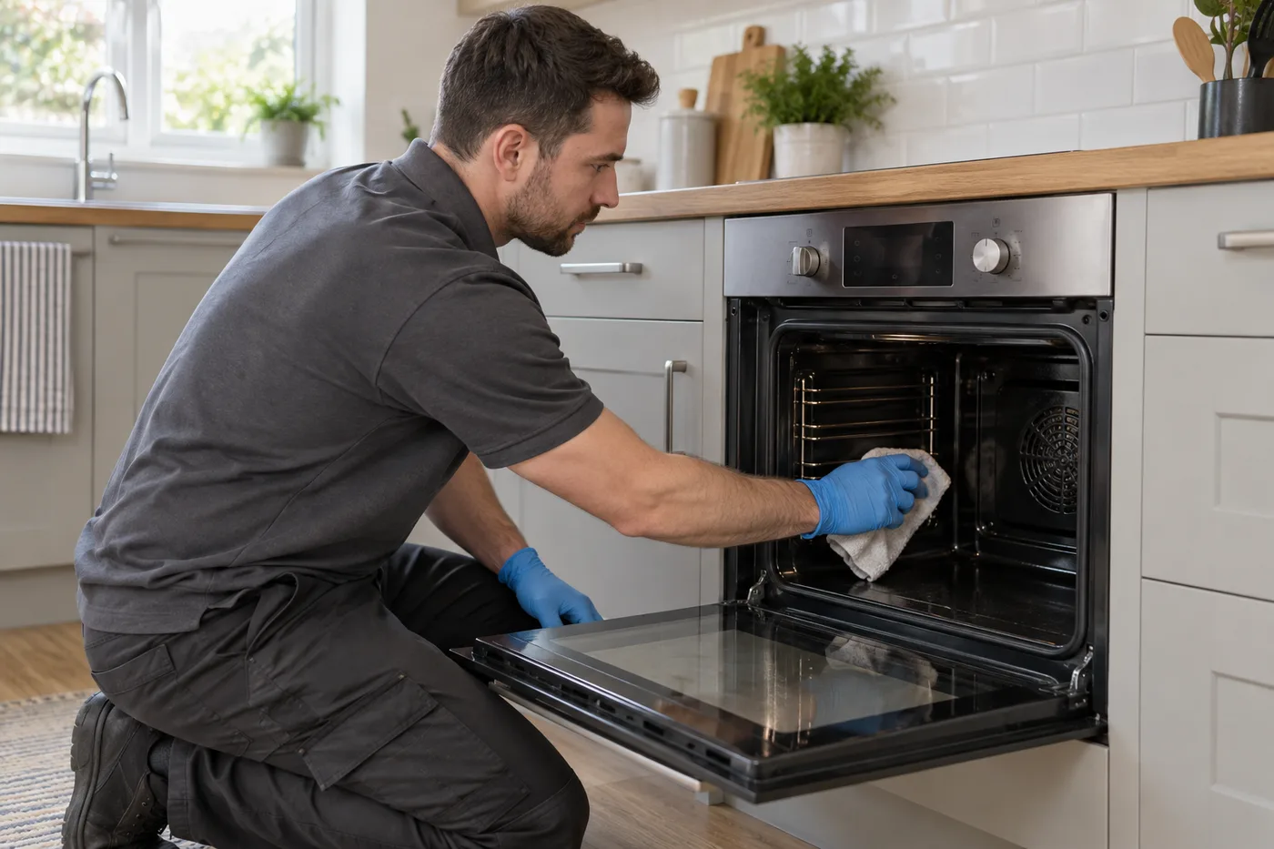 Gloved cleaner wiping the interior of a cold oven