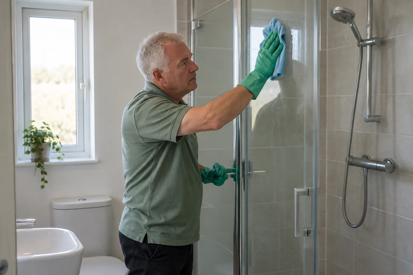 Wiping a shower screen in a cleared bathroom