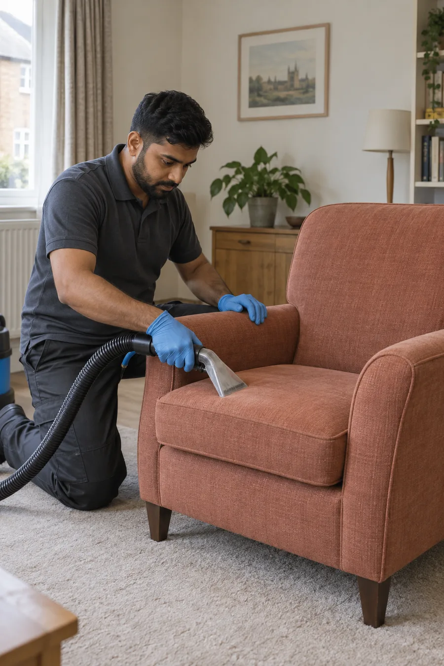 Technician treating the seat of a fabric armchair