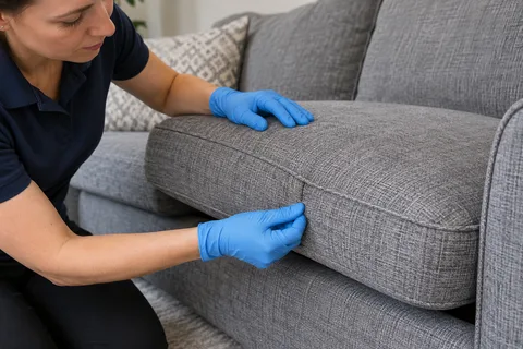 Gloved hands inspecting a sofa cushion seam