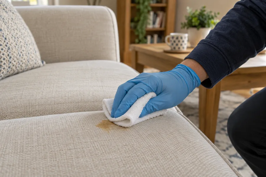 A gloved hand blotting a small mark on a sofa cushion