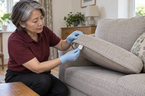 Technician checking a fabric care tag beneath a cushion