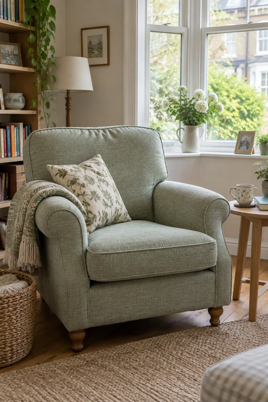 Textured fabric armchair in a UK sitting room