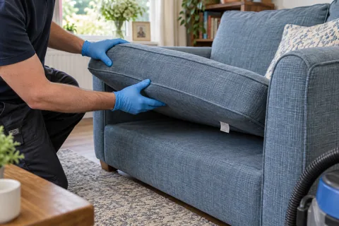 Hands checking a care label beneath a sofa cushion