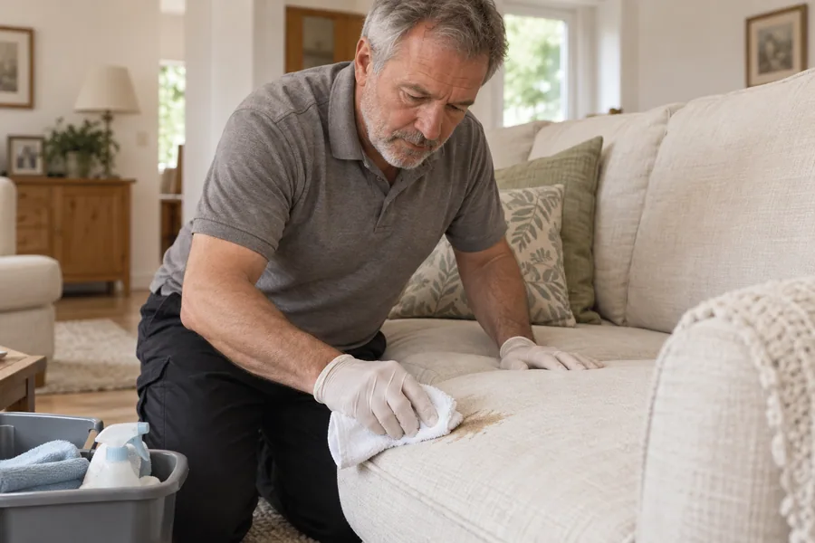 Blotting a small drink mark on an upholstered seat