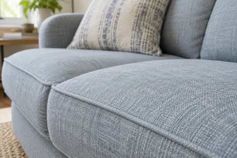 Close detail of upholstery piping and woven fabric