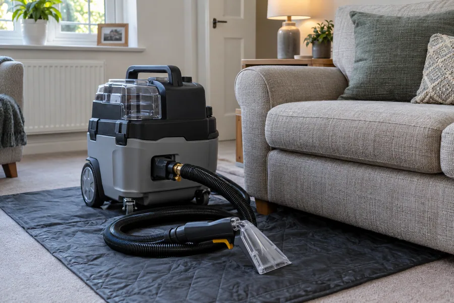 Upholstery extraction hand tool and connected hose