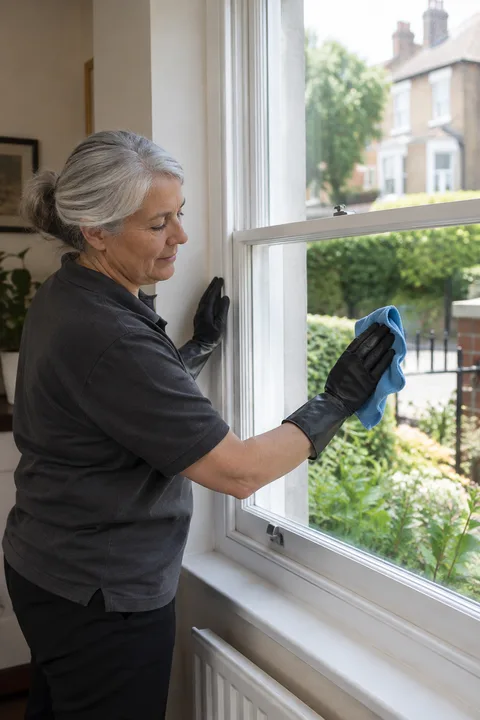 Cleaner wiping the lower interior pane of a sash window