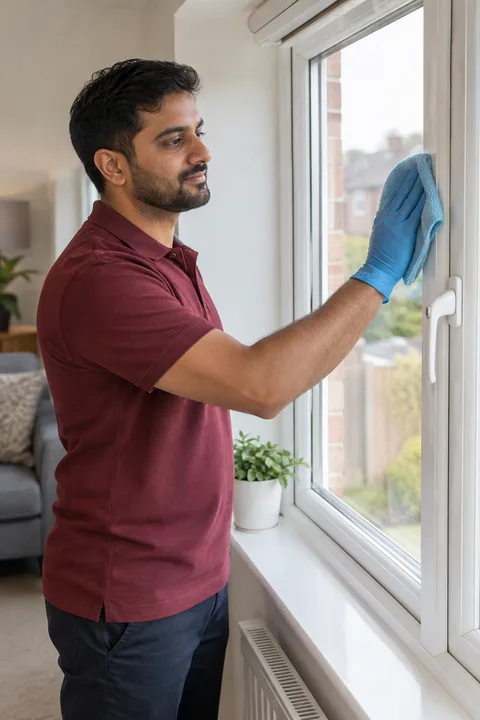 Cleaner wiping a modern double-glazed window indoors