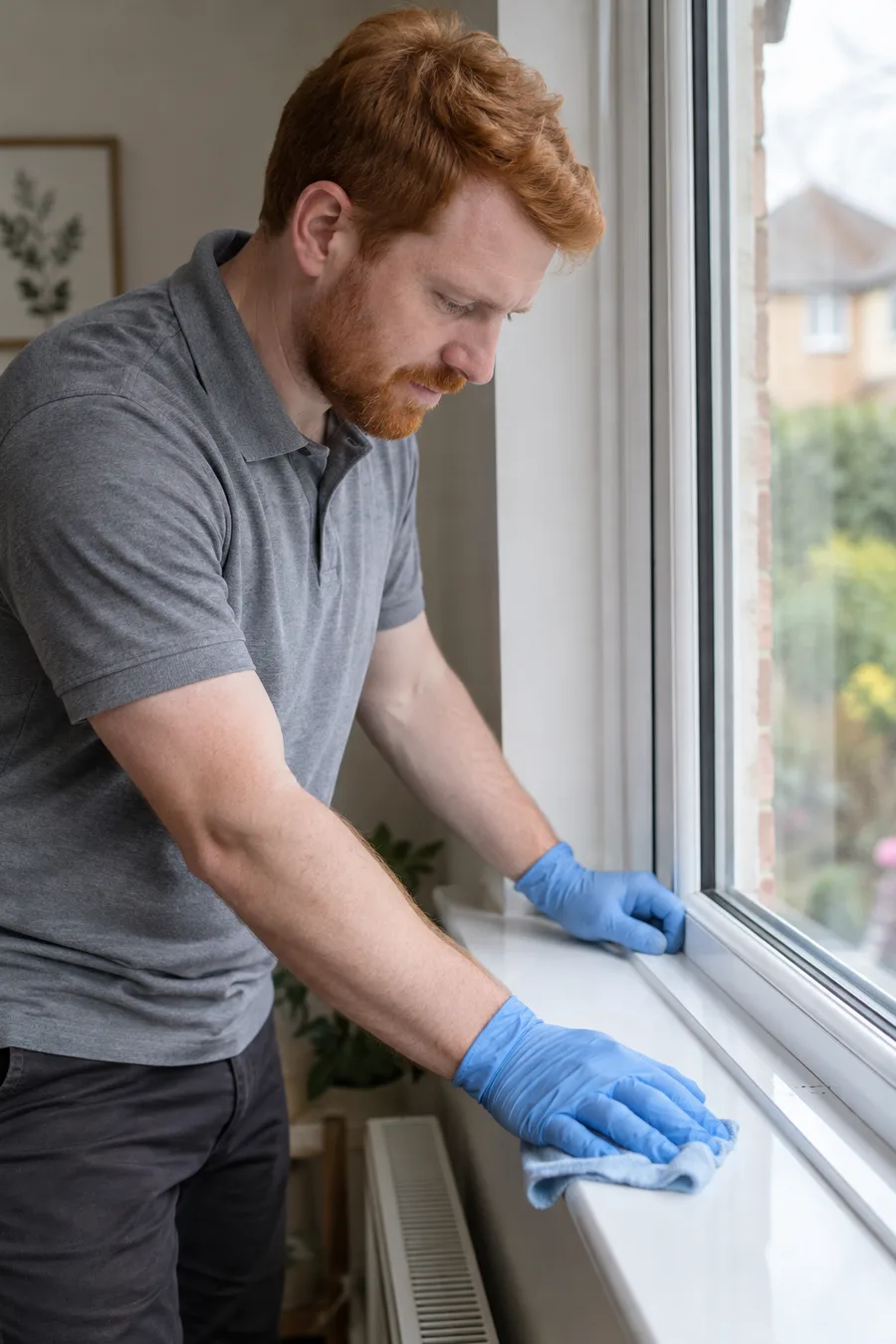 Cleaner wiping a window sill and lower frame