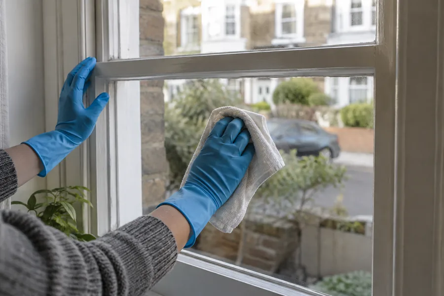 Gloved hands wiping the lower glass of an intact sash window