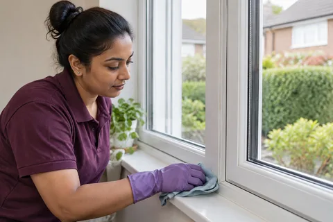 Cleaner wiping the lower frame of a double-glazed window