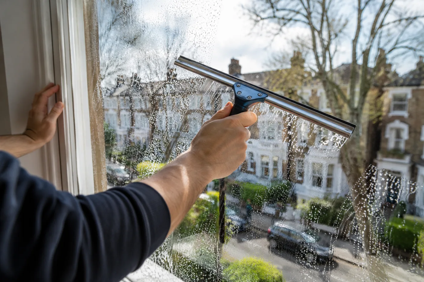 Illustrative image: Using a squeegee on window glass