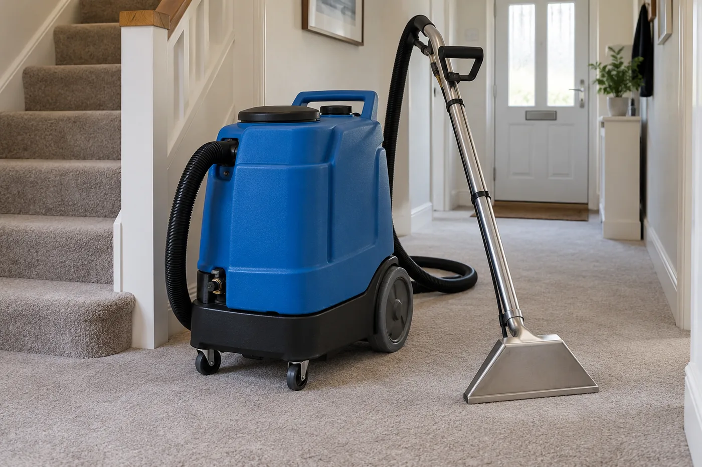 Portable carpet extraction machine with hose and wand