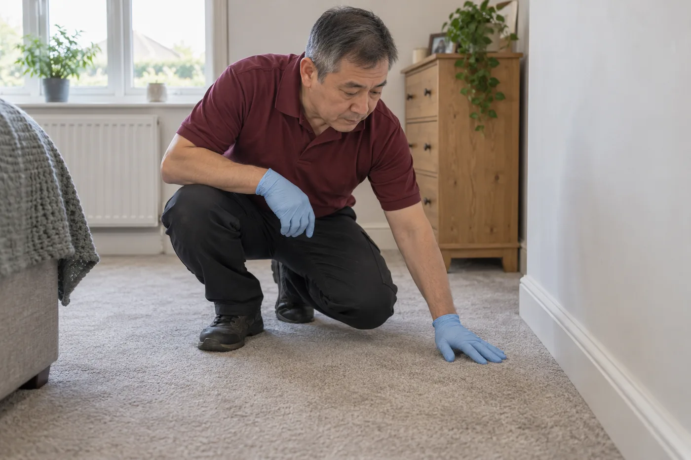Gloved technician checking the condition of a carpet edge