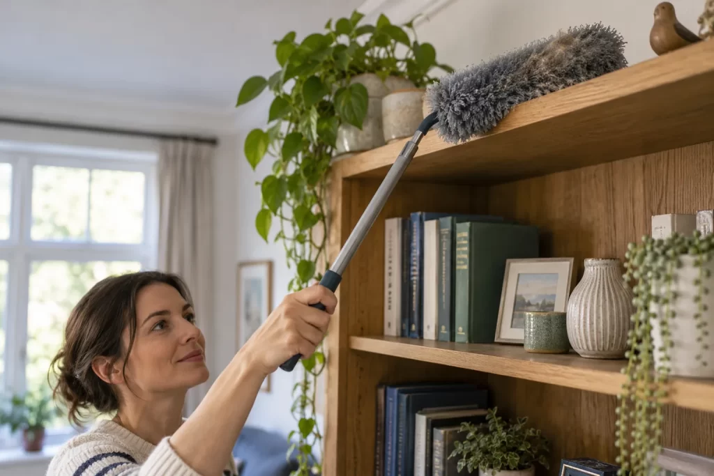 Person using a long-handled duster along the top of a wooden bookcase