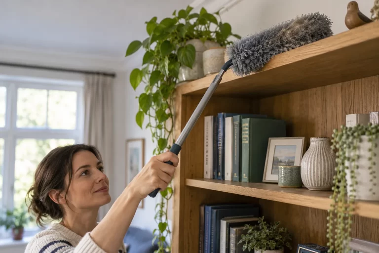 Person using a long-handled duster along the top of a wooden bookcase