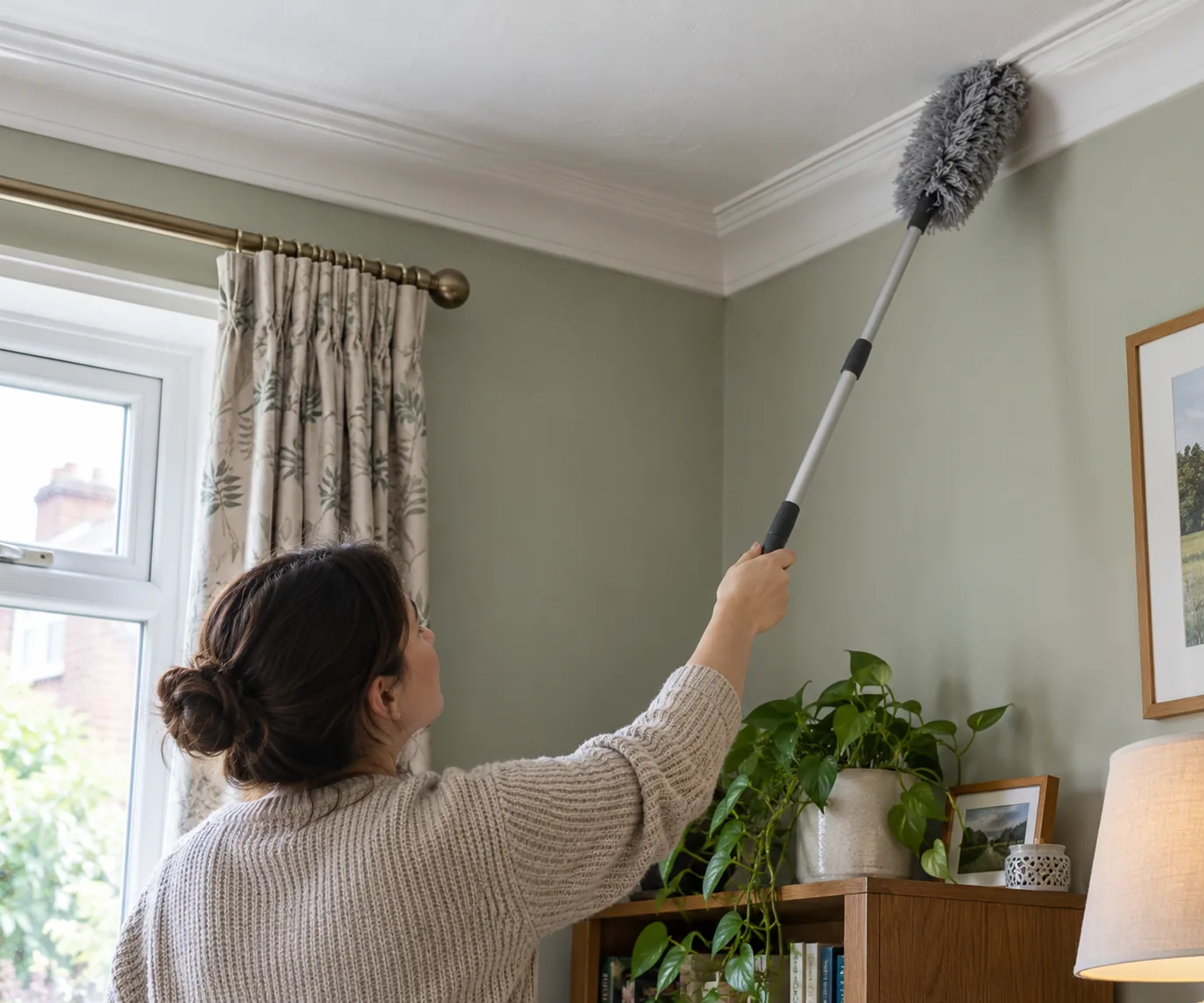 Person using a soft long-handled duster on a ceiling corner