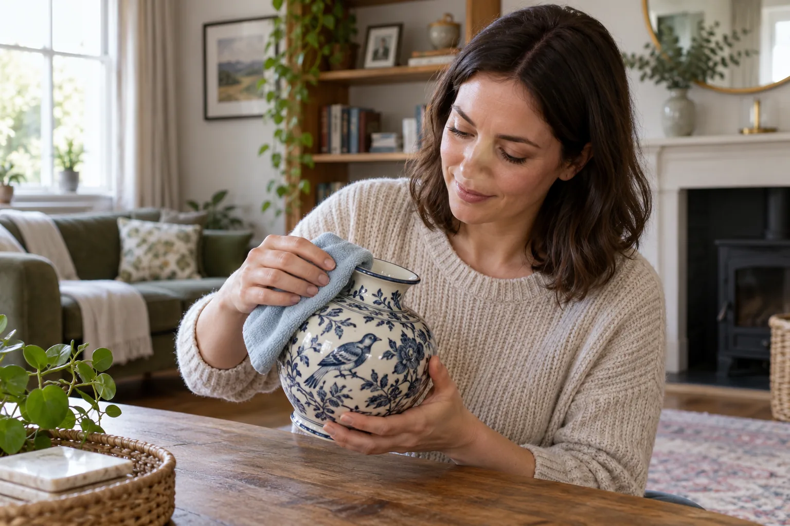 Person wiping a ceramic vase with a soft cloth after moving it to a table