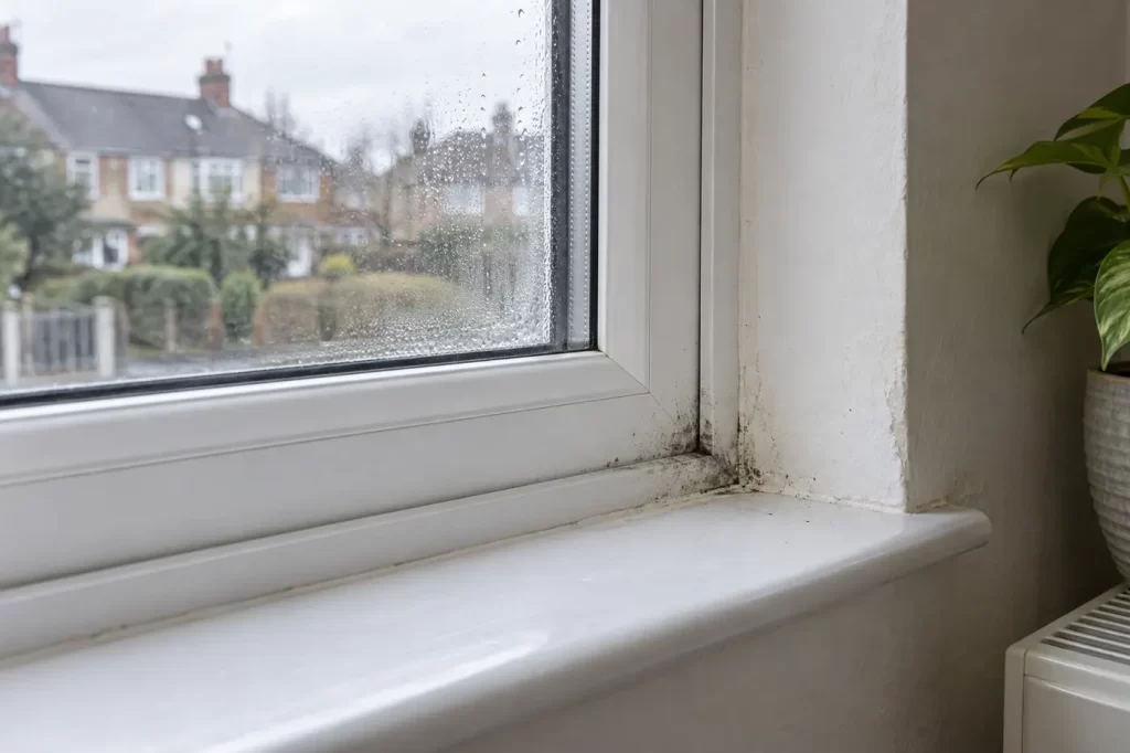 Condensation on a window with dark marks near the inner frame