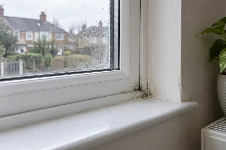 Condensation on a window with dark marks near the inner frame