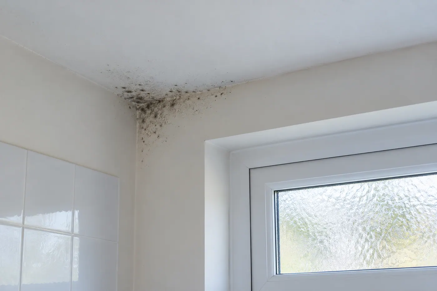 Dark marks at a bathroom ceiling and window corner