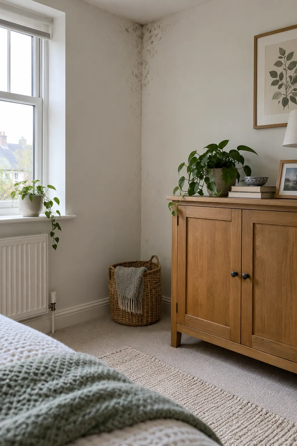Visible affected wall corner beside a freestanding cabinet