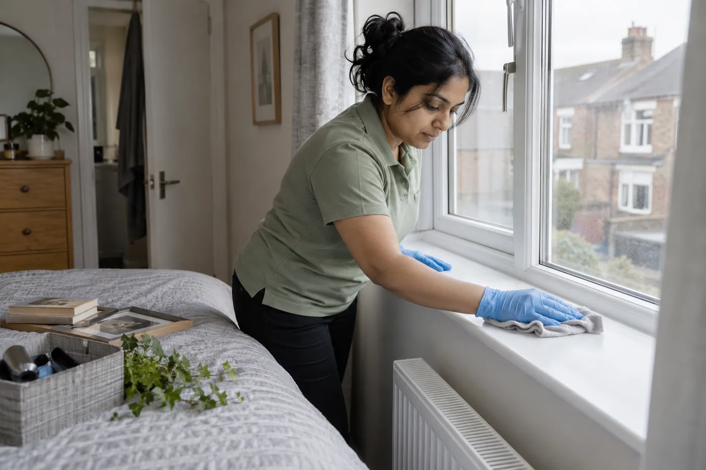 Wiping accumulated dust from a bedroom windowsill