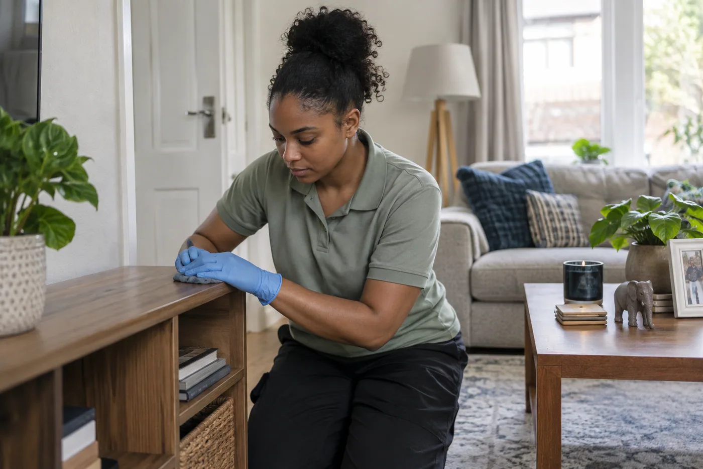 Dusting an accessible shelf in a living room
