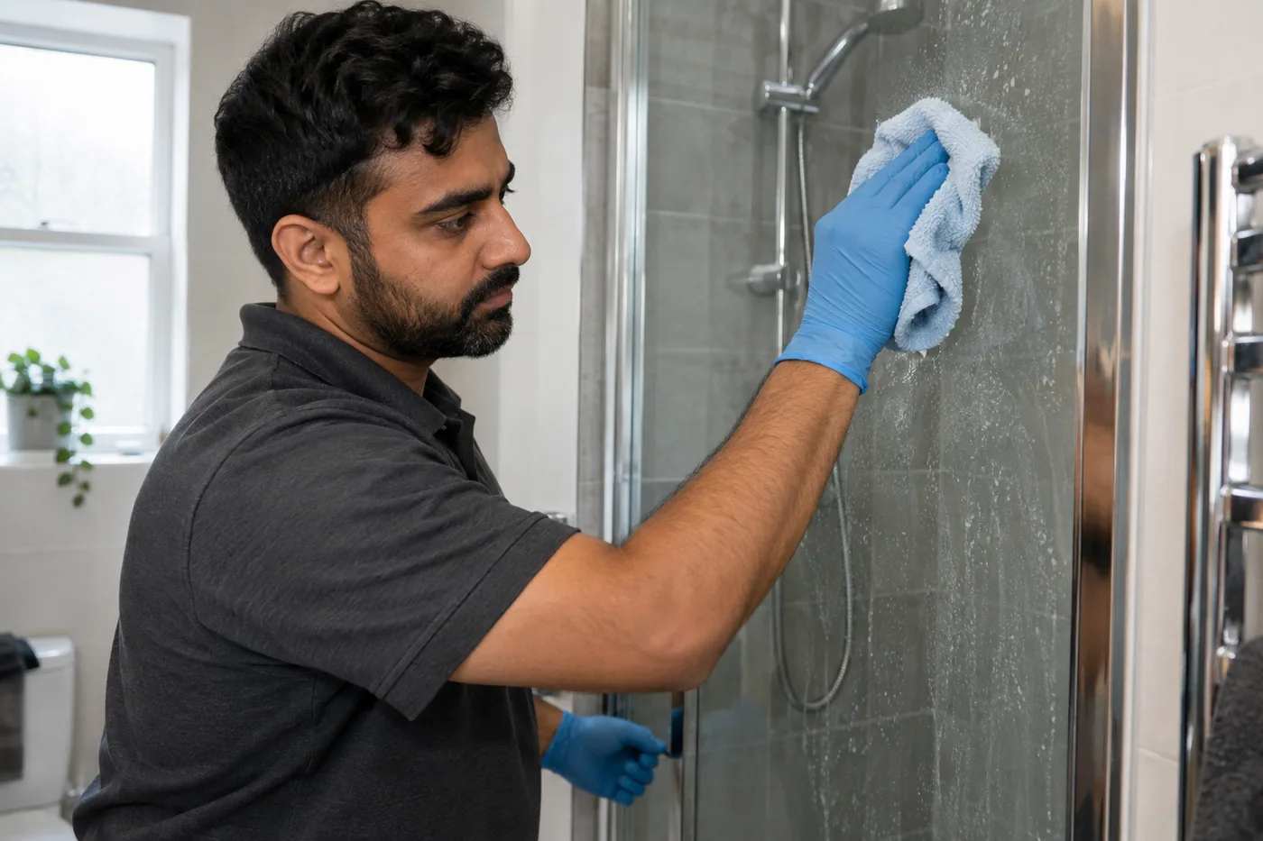 Wiping water marks from a shower screen