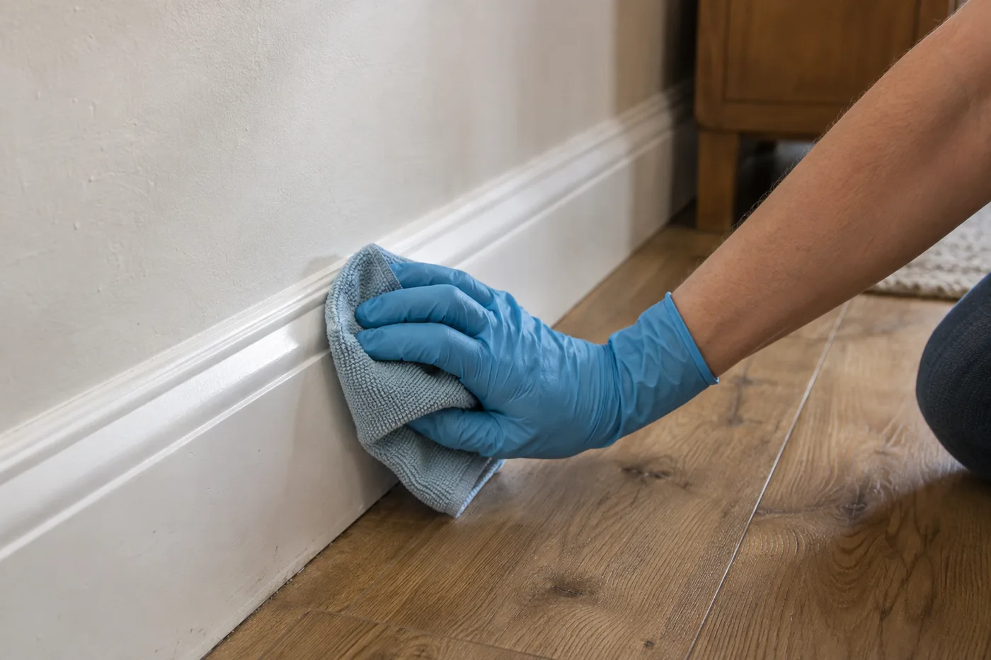Gloved hand wiping dust from a skirting board