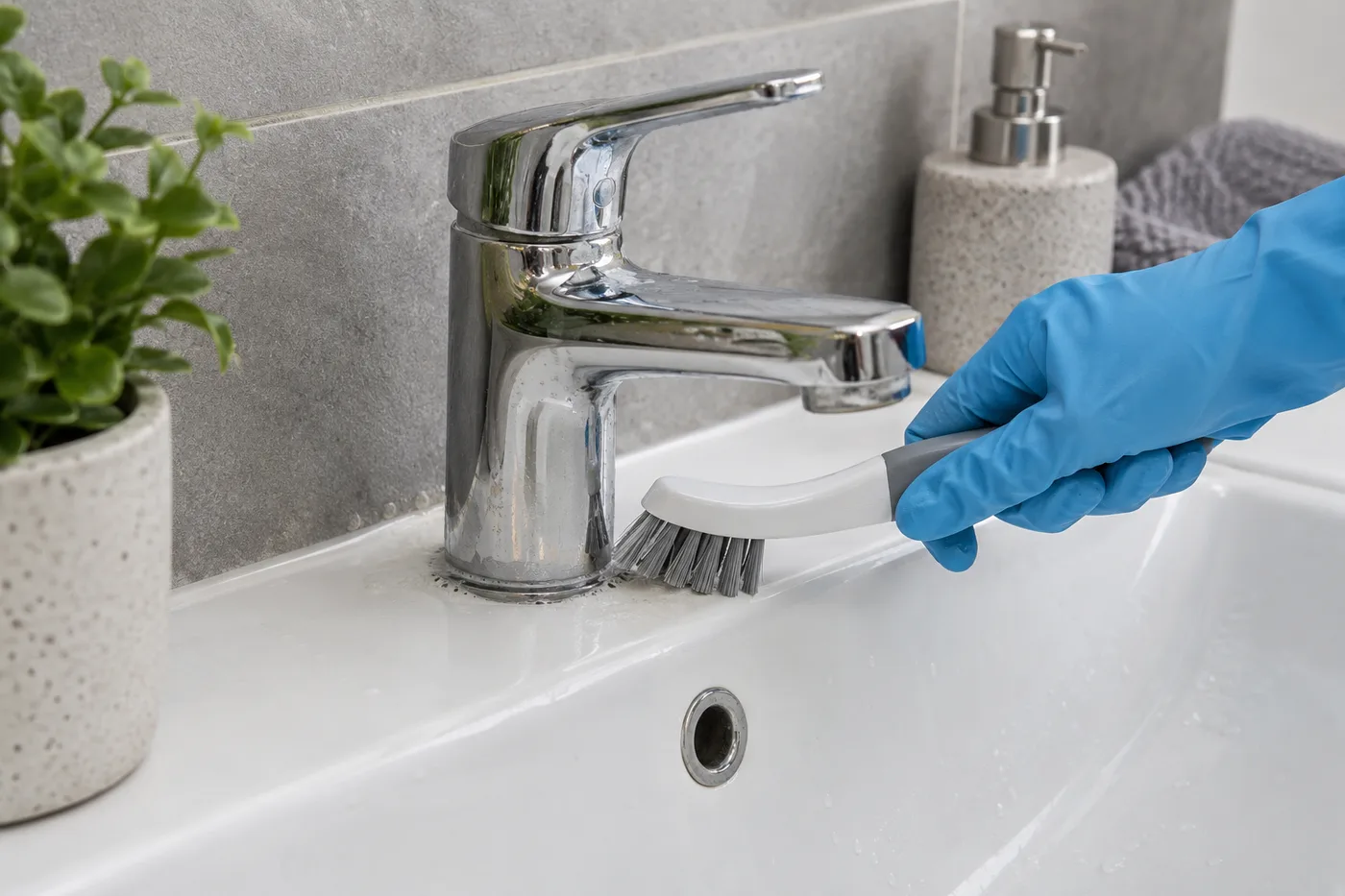 Gloved hand cleaning around a bathroom tap base