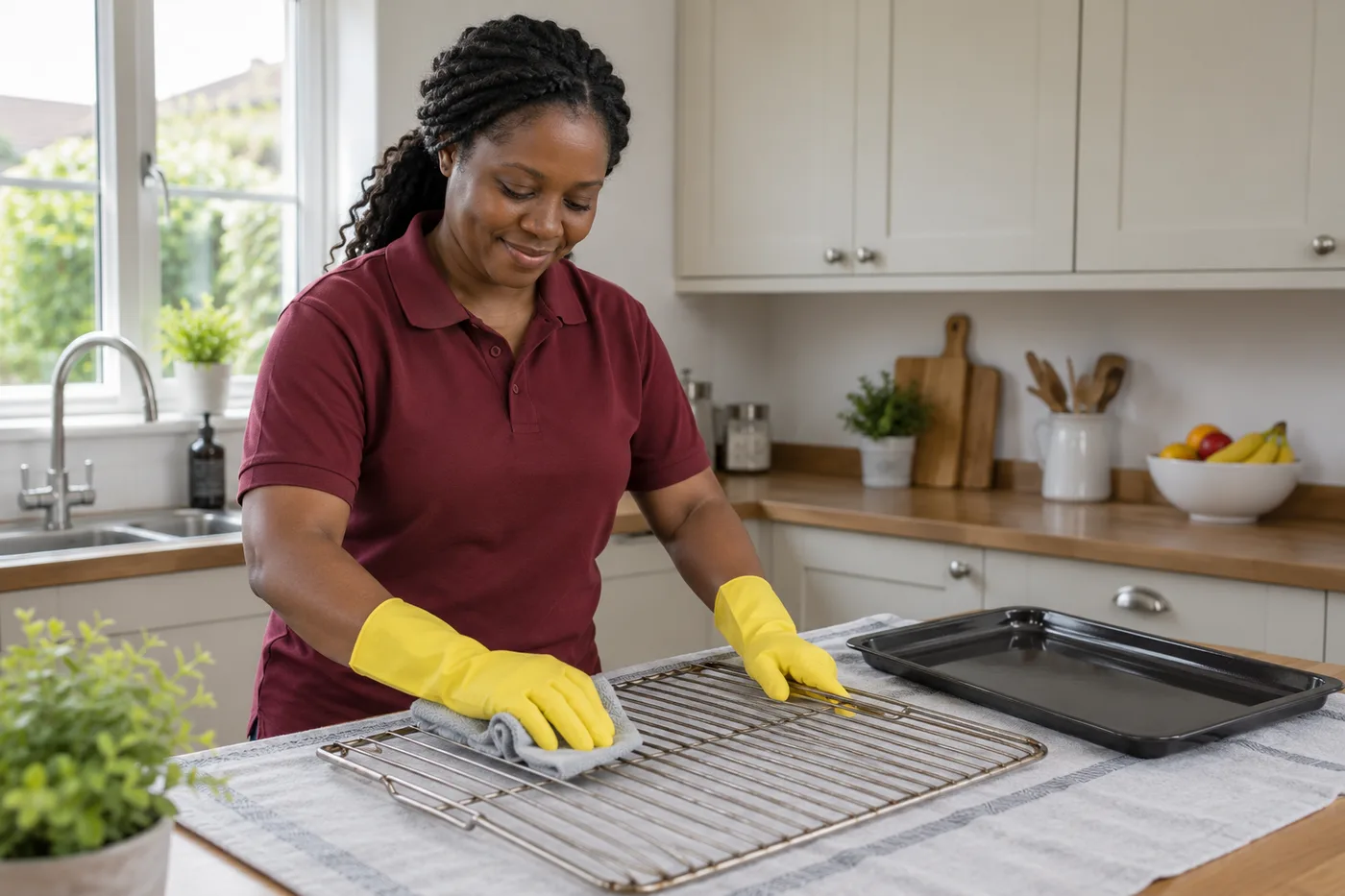 Cleaner wiping an oven rack beside a removable tray