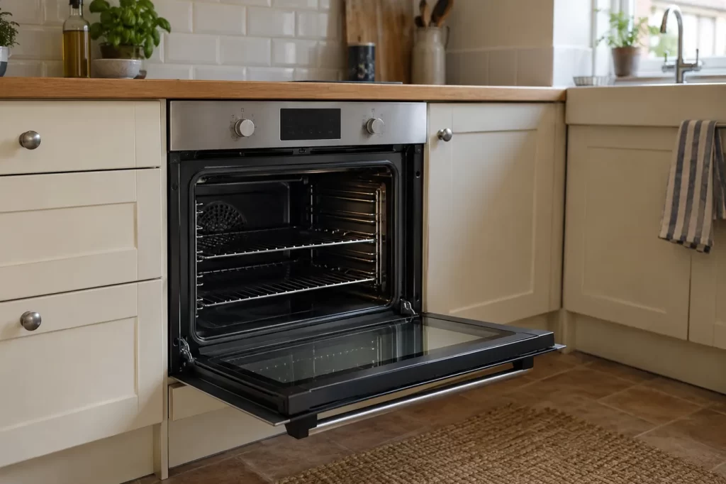 Single oven with its attached door open in a compact kitchen