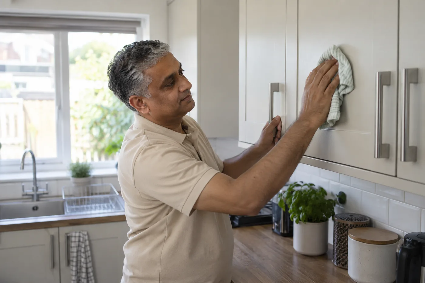Cleaner wiping the outside of a kitchen cupboard