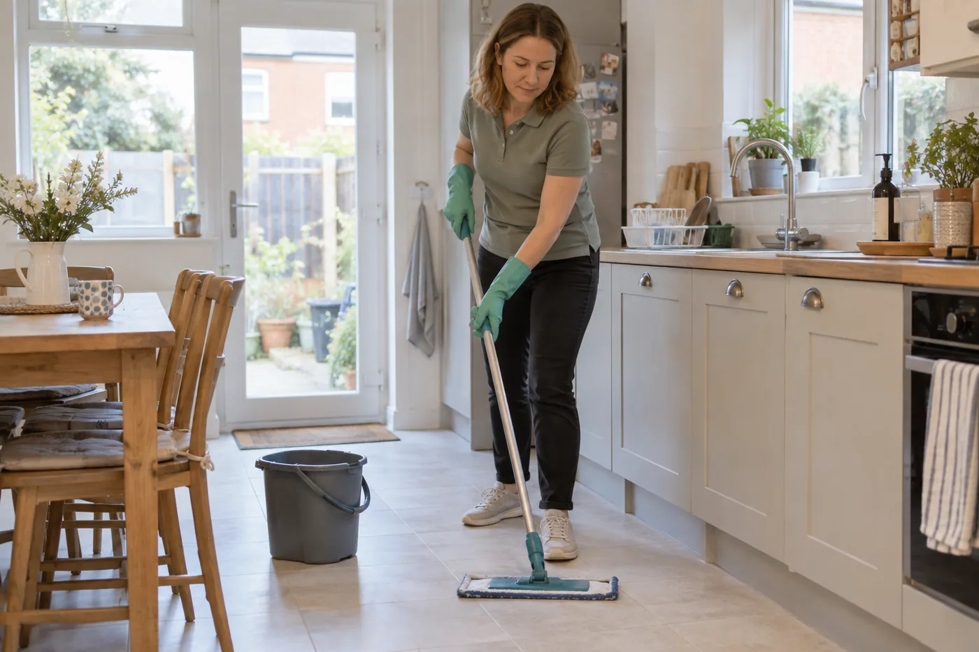 Cleaner mopping a kitchen floor