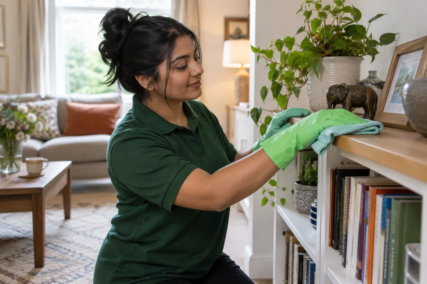 Dusting an accessible bookshelf