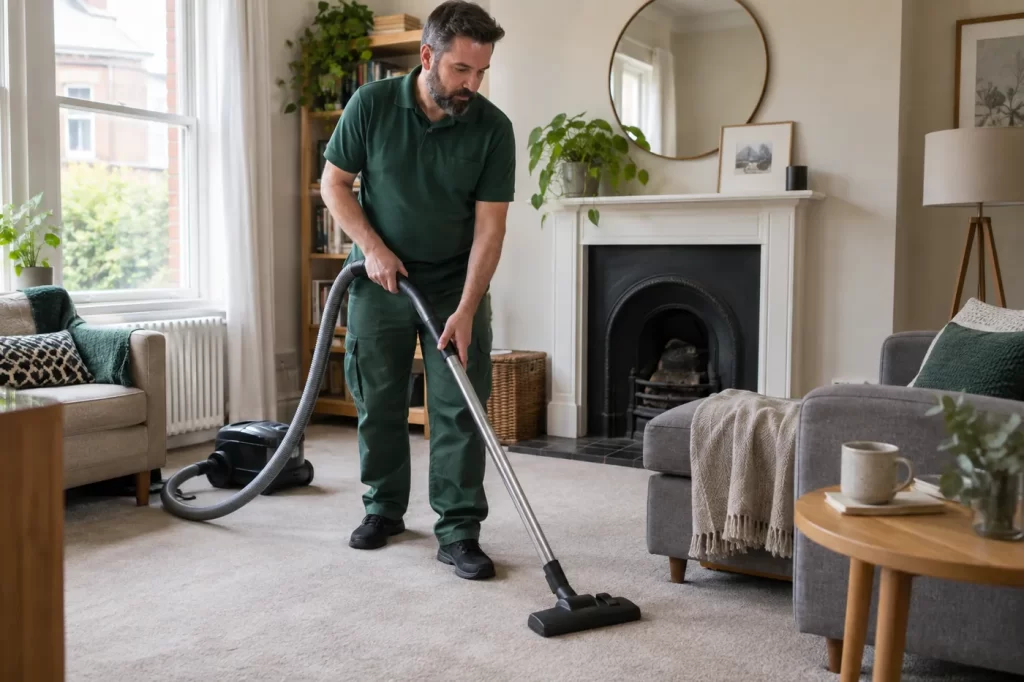 Hoovering a furnished living room