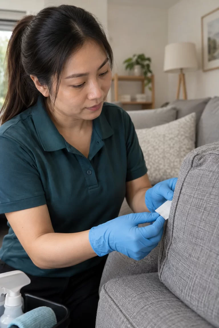 Cleaner checking a sofa care tag
