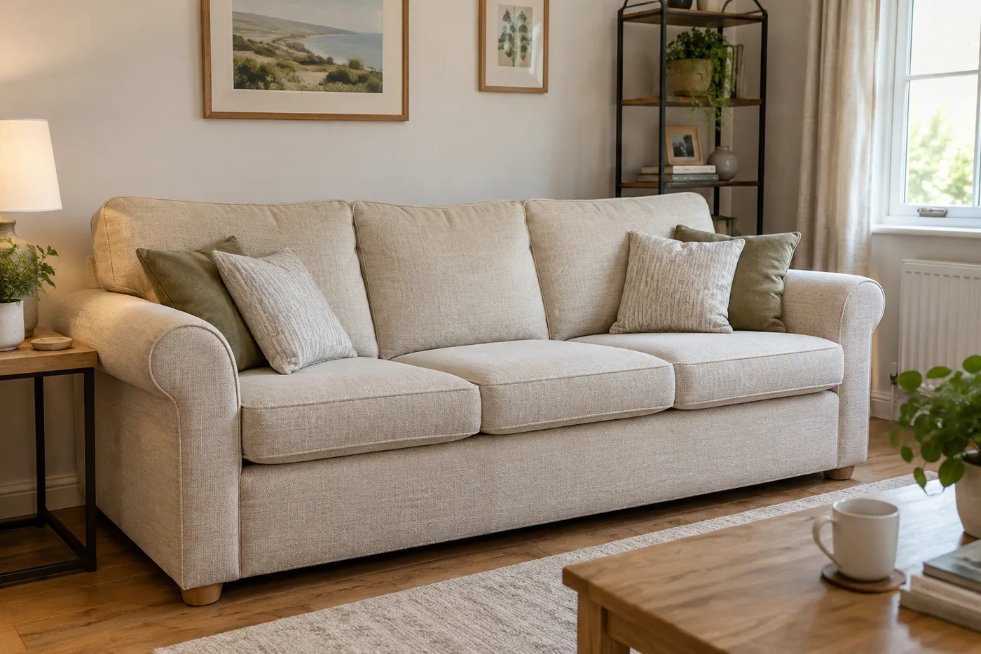 Cream fabric three-seat sofa with everyday cushions