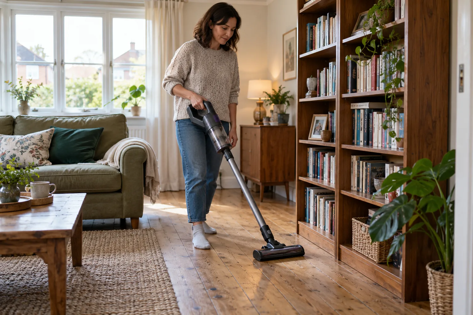 Person vacuuming the floor beside a bookcase after high-level dusting